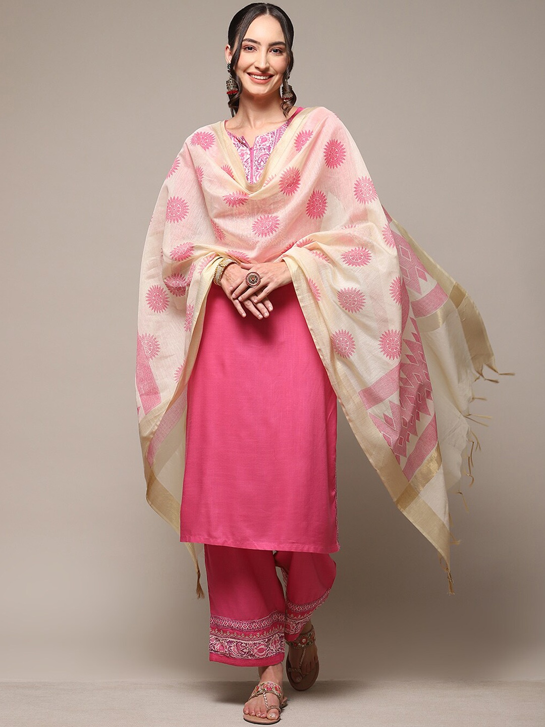 

Biba Ethnic Motifs Printed Yoke Design Regular Kurta with Palazzos & Dupatta, Pink