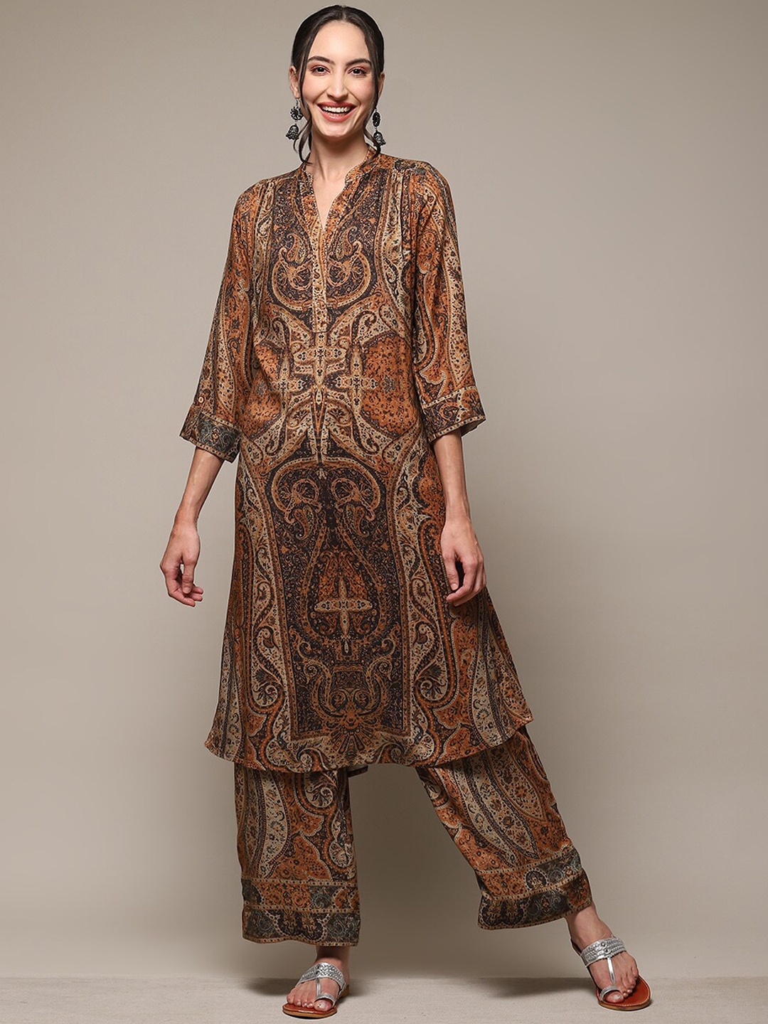 

Biba Paisley Printed Straight Kurta with Palazzos, Beige