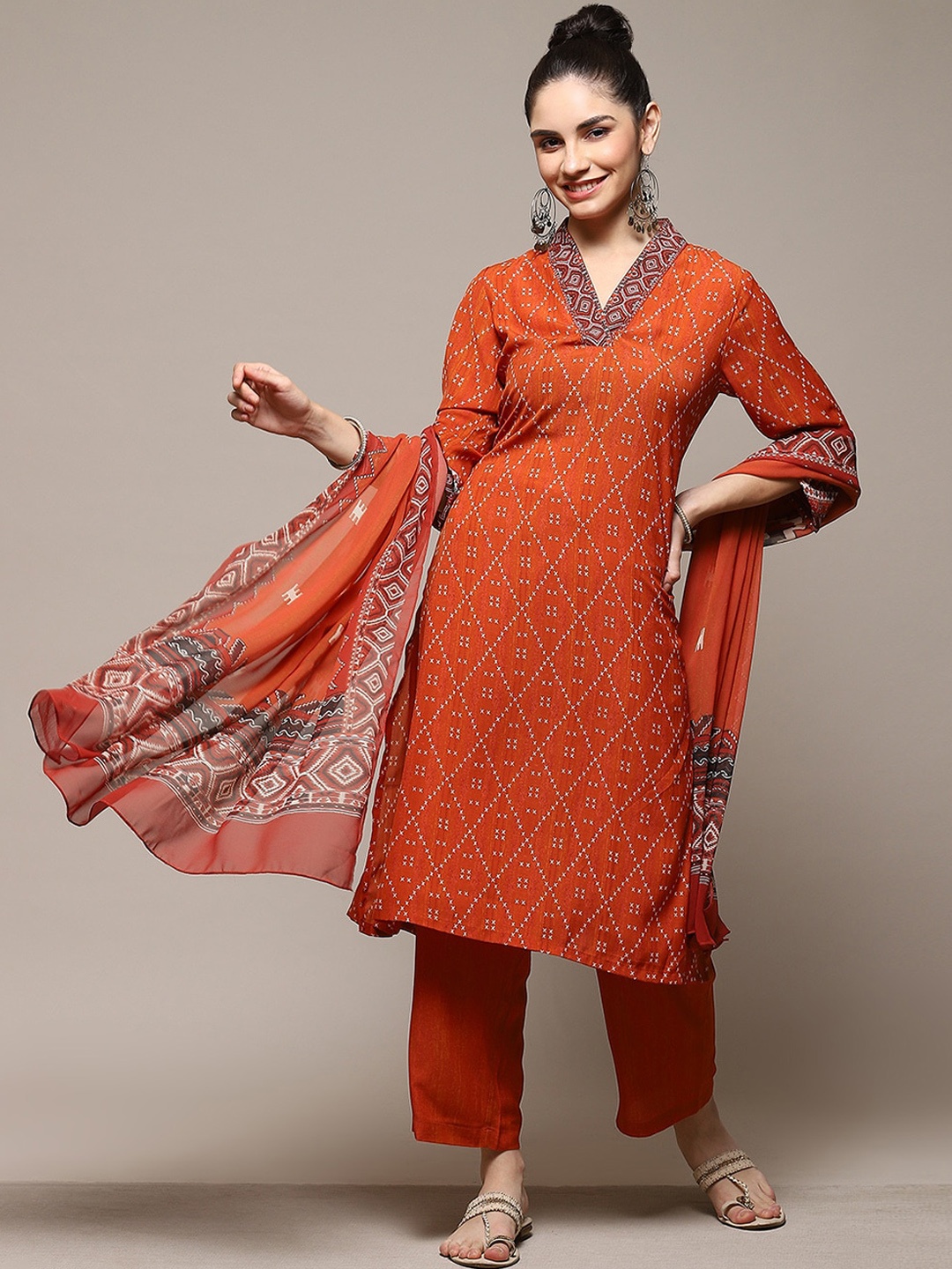 

Biba Ethnic Motifs Printed Kurta & Palazzos With Dupatta, Rust