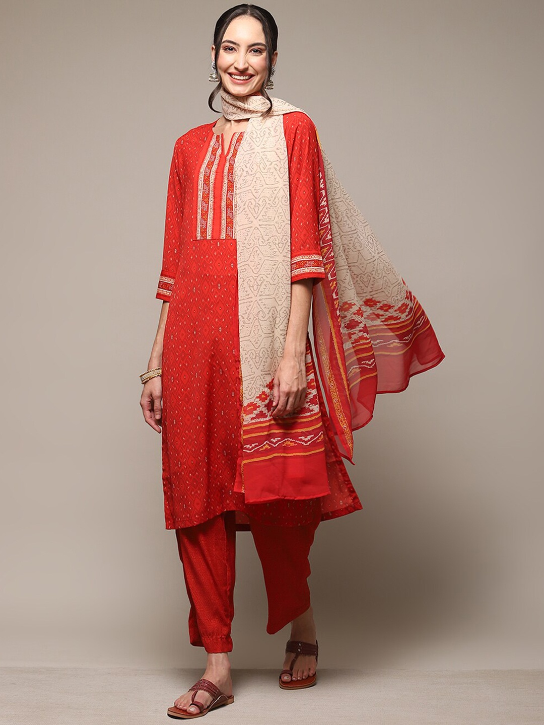 

Biba Geometric Printed Kurta & Palazzos With Dupatta, Red
