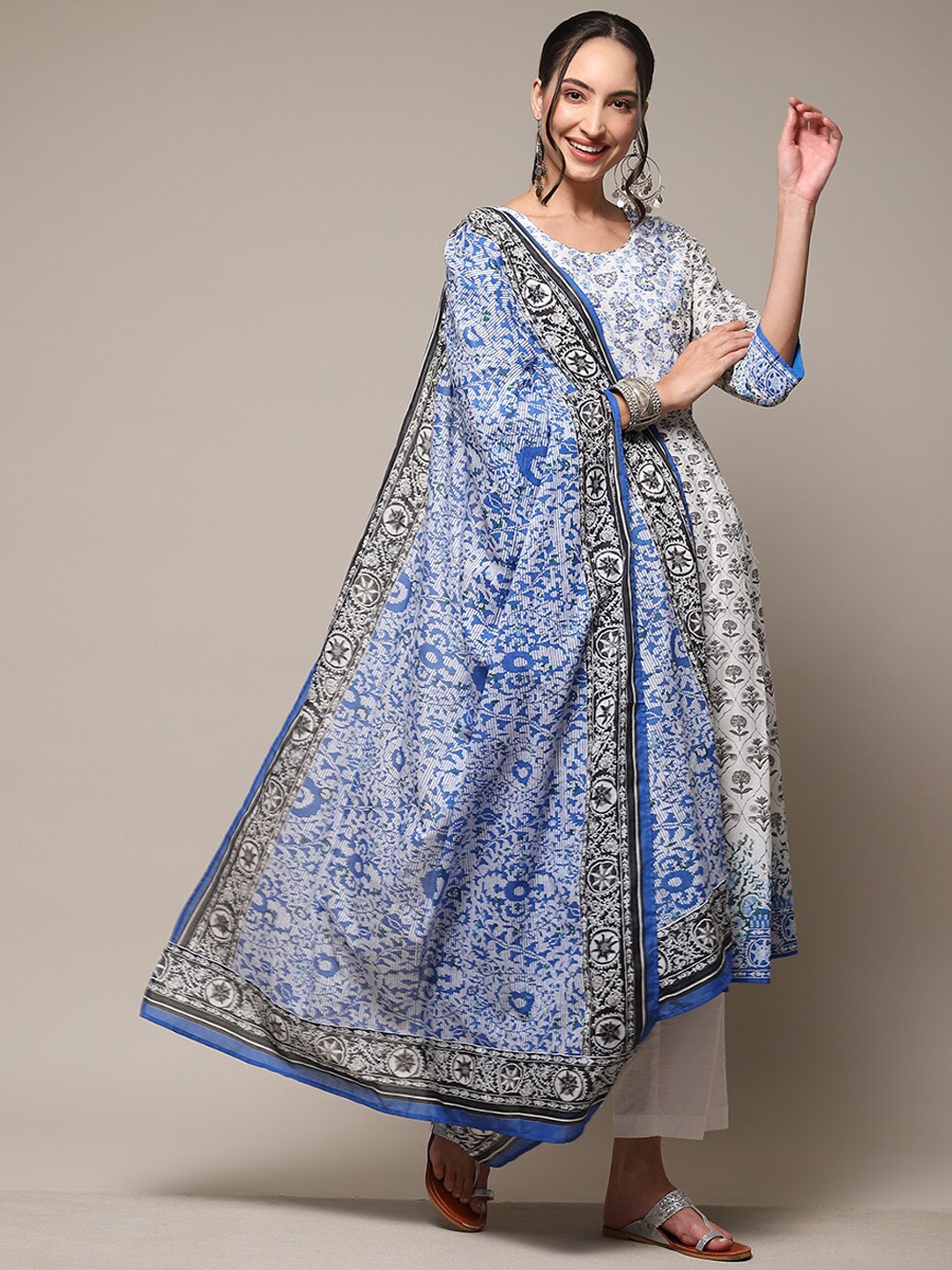 

Biba Floral Printed A-Line Kurta with Palazzos & Dupatta, White