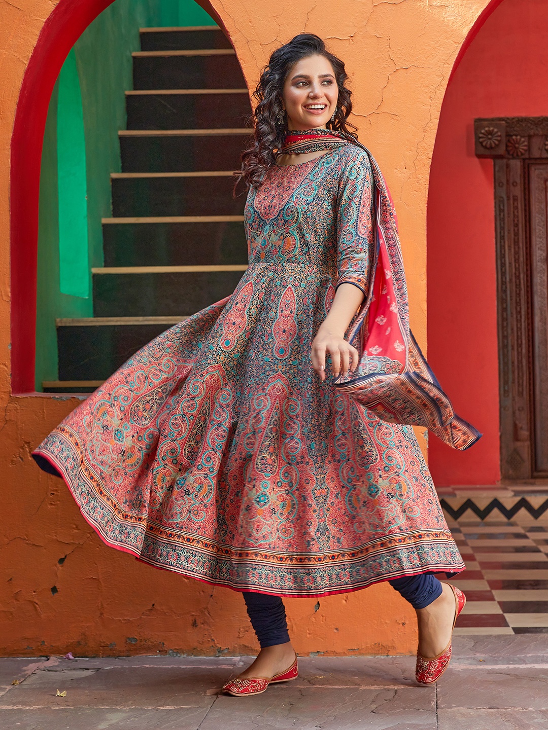 

Biba Ethnic Motifs Printed Anarkali Kurta with Churidar & Dupatta, Blue