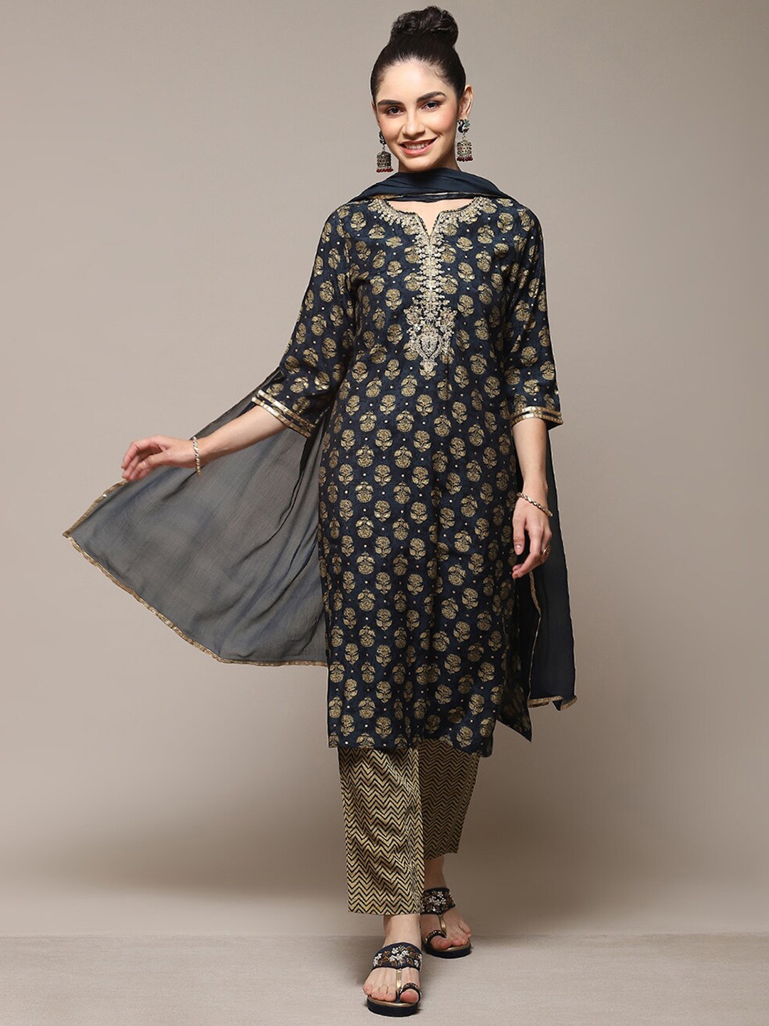 

Biba Ethnic Motifs Printed Kurta with Trousers & Dupatta, Blue