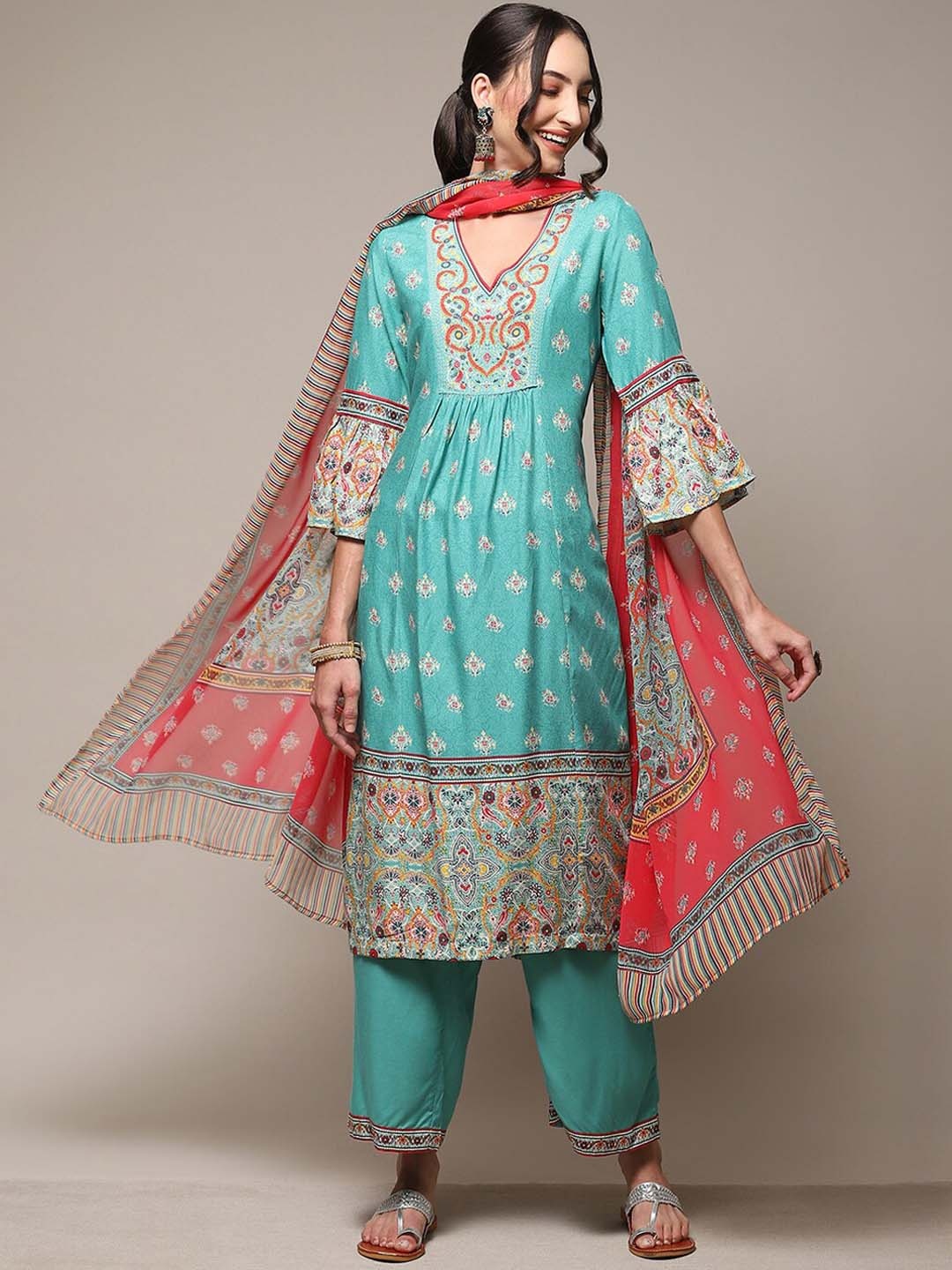 

Biba Ethnic Motifs Printed Kurta with Palazzos & Dupatta, Sea green