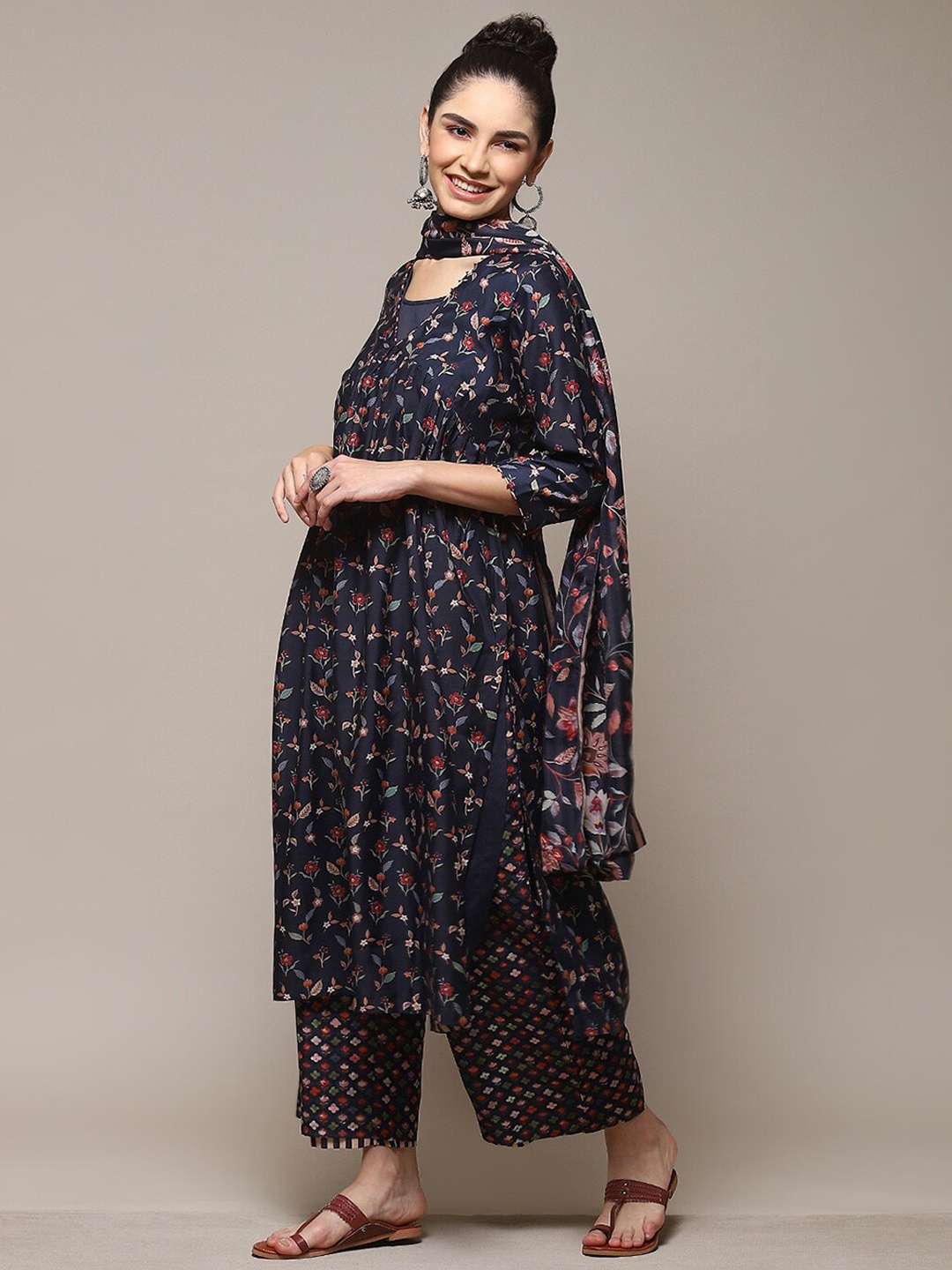 

Biba Floral Printed Kurta with Palazzos & Dupatta, Navy blue