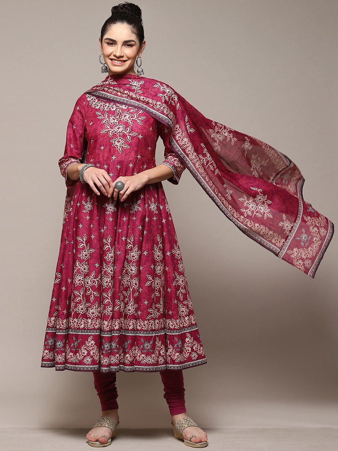 

Biba Ethnic Motifs Printed A-Line Kurta With Churidar & Dupatta, Pink