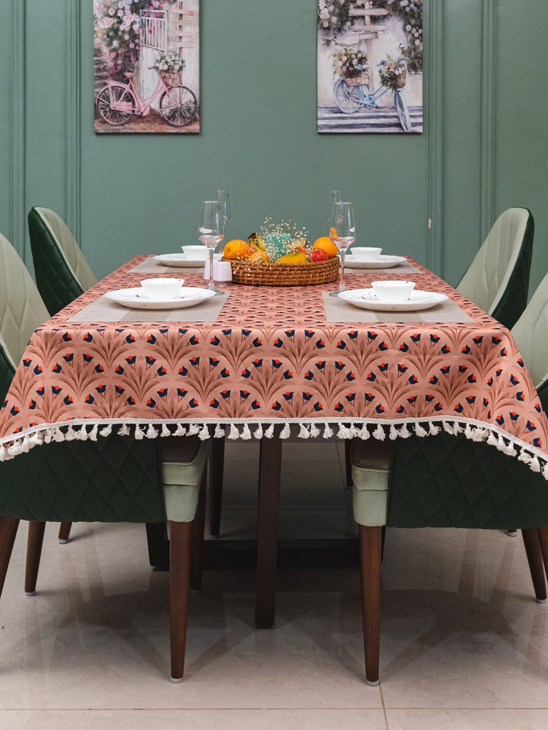 

URBAN SPACE Sicilia Brown & Teal Blue Printed 4-Seater Table Cover