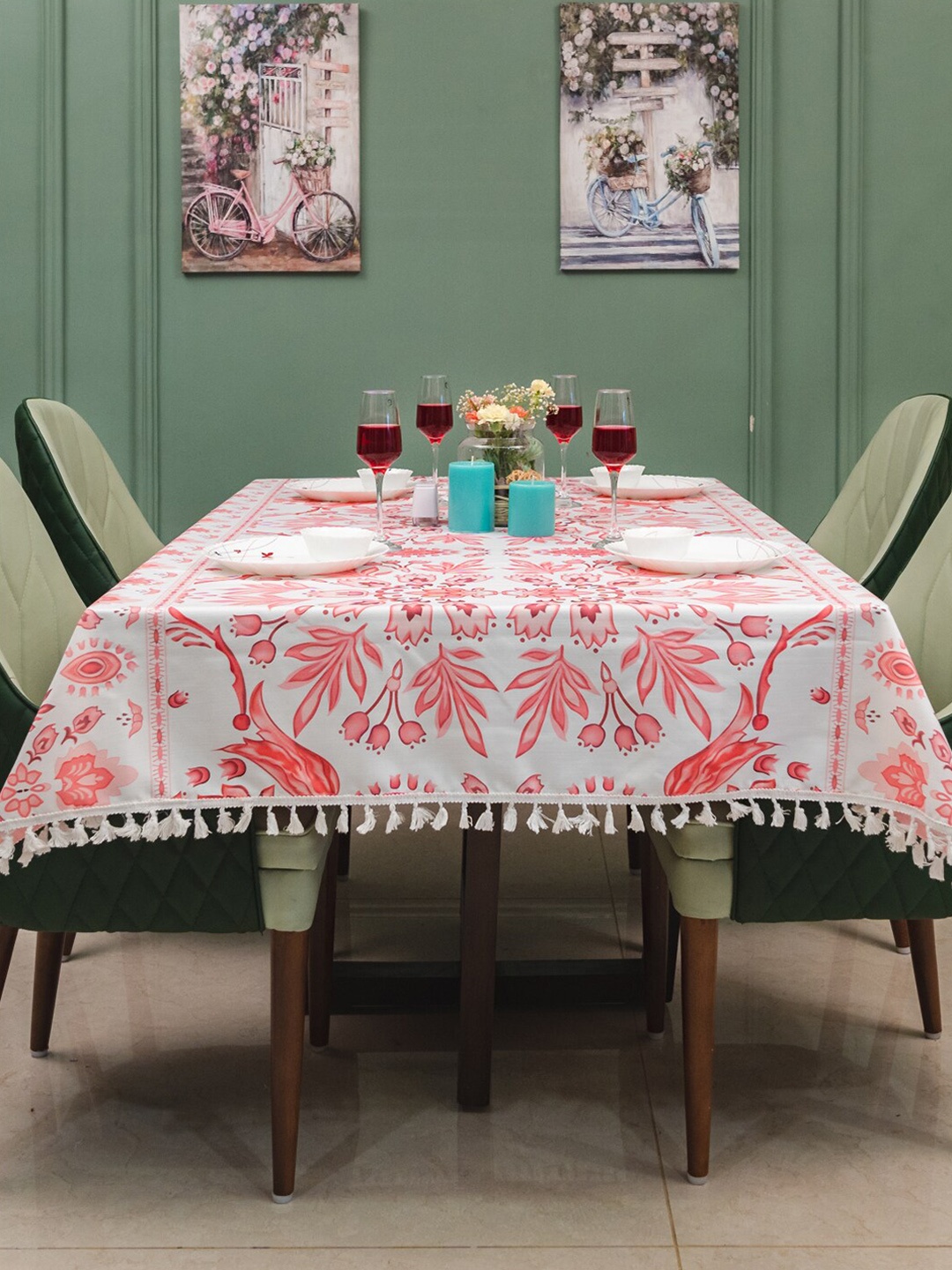 

URBAN SPACE White & Pink Printed 6-Seater Table Cover
