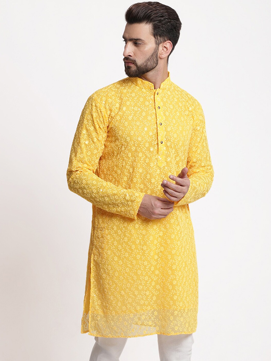 

TREEMODA Floral Embroidered Cotton Kurta, Yellow