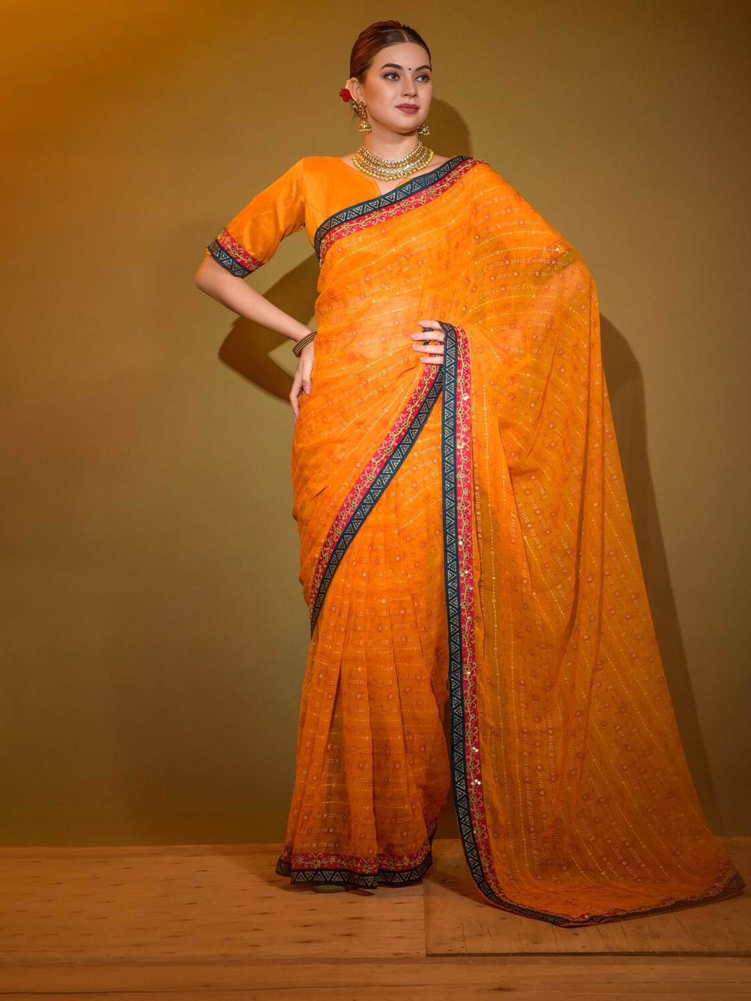 

GAJARAI Ethnic Motifs Printed Pure Georgette Saree, Orange