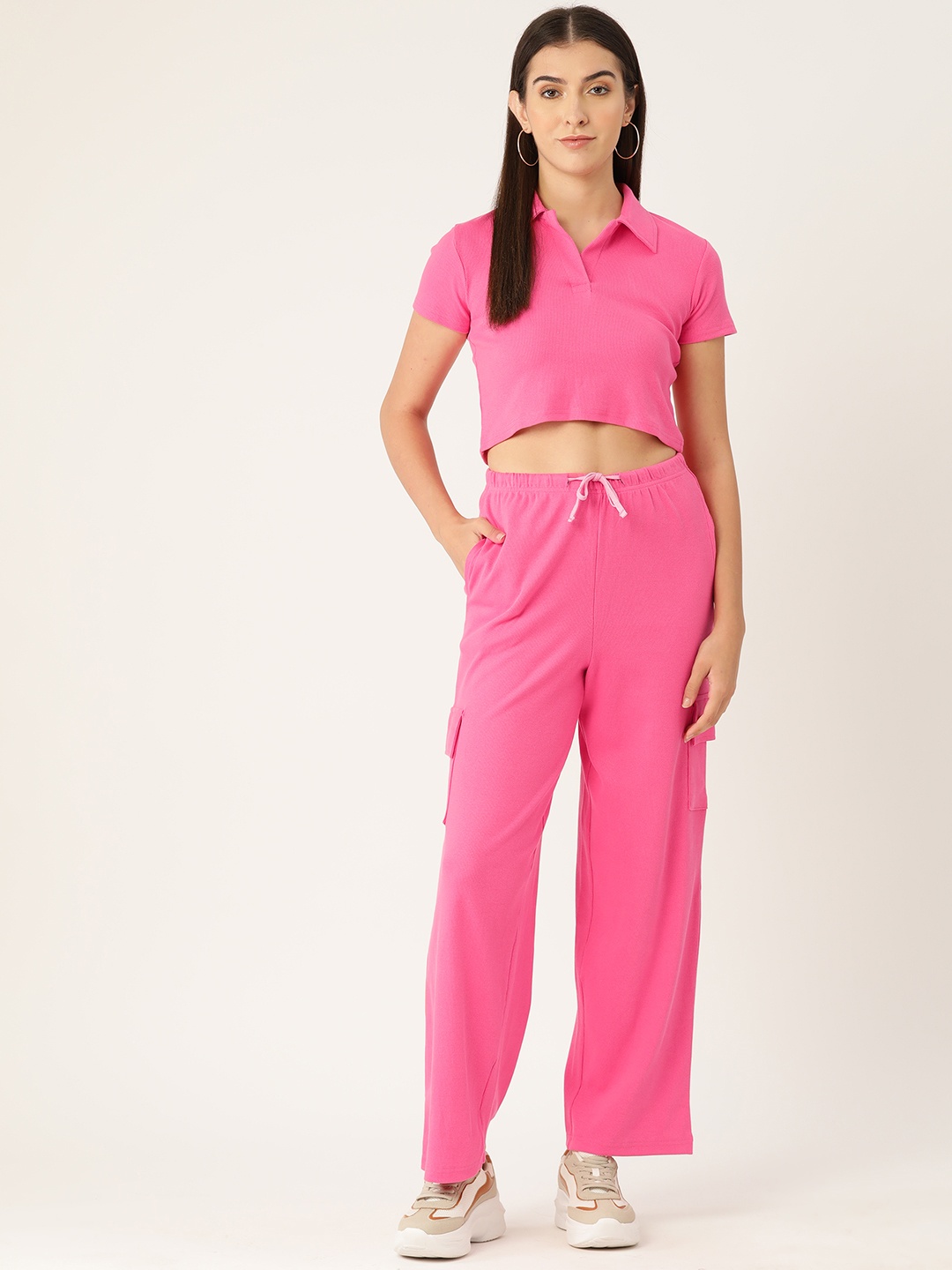 

Malachi Ribbed Pure Cotton Polo Collar Top with Cargo Trousers, Pink