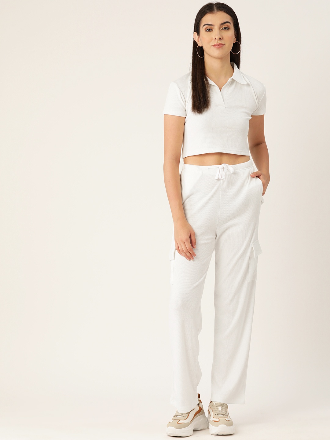 

Malachi Ribbed Pure Cotton Polo Collar Top with Cargo Trousers, White