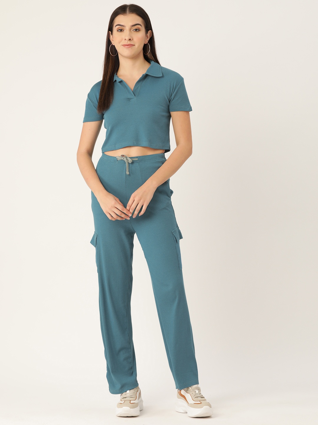 

Malachi Ribbed Pure Cotton Polo Collar Top with Cargo Trousers, Teal