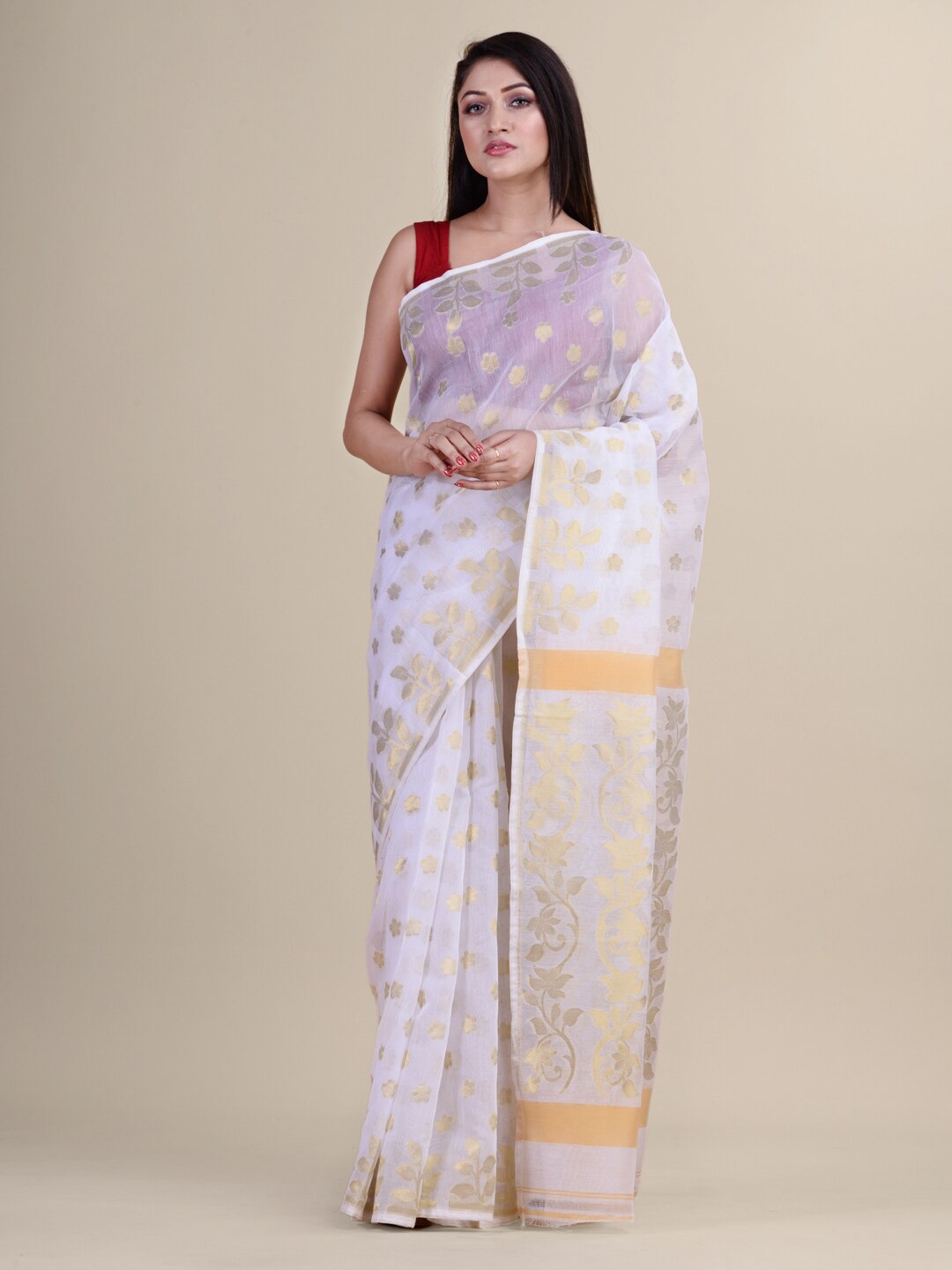 

Laa Calcutta Ethnic Motifs Woven Design Zari Silk Cotton Jamdani Saree, White