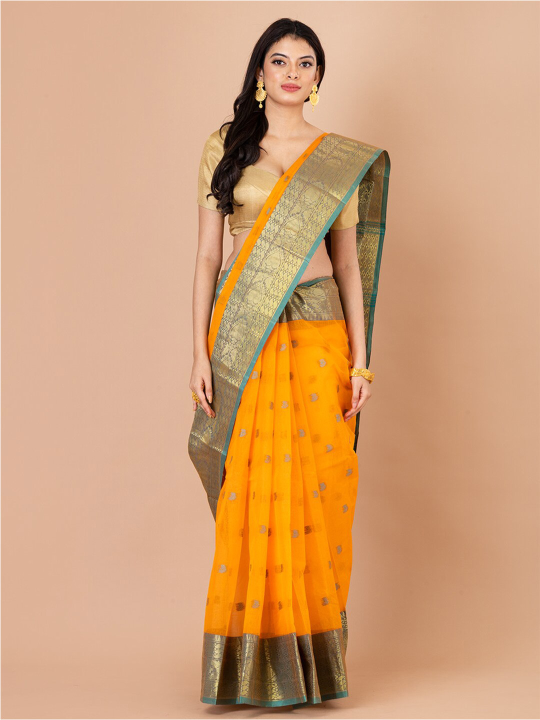 

Laa Calcutta Woven Design Zari Taant Saree, Yellow