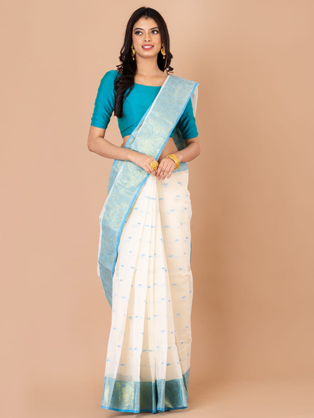 

Laa Calcutta Woven Design Zari Taant Saree, White