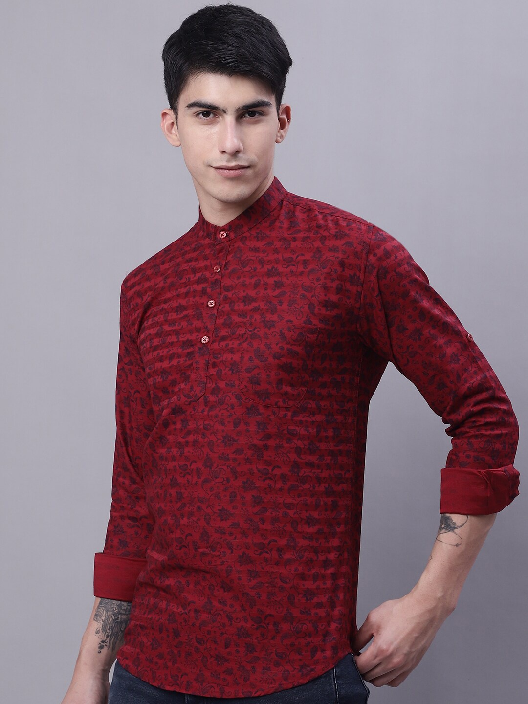 

Majestic Ethnic Printed Band Collar Cotton Straight Kurta, Maroon