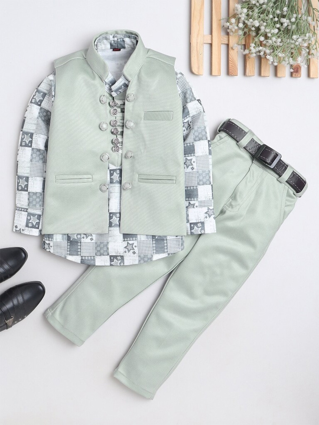 

BAESD Boys Checked Shirt with Trousers, Green
