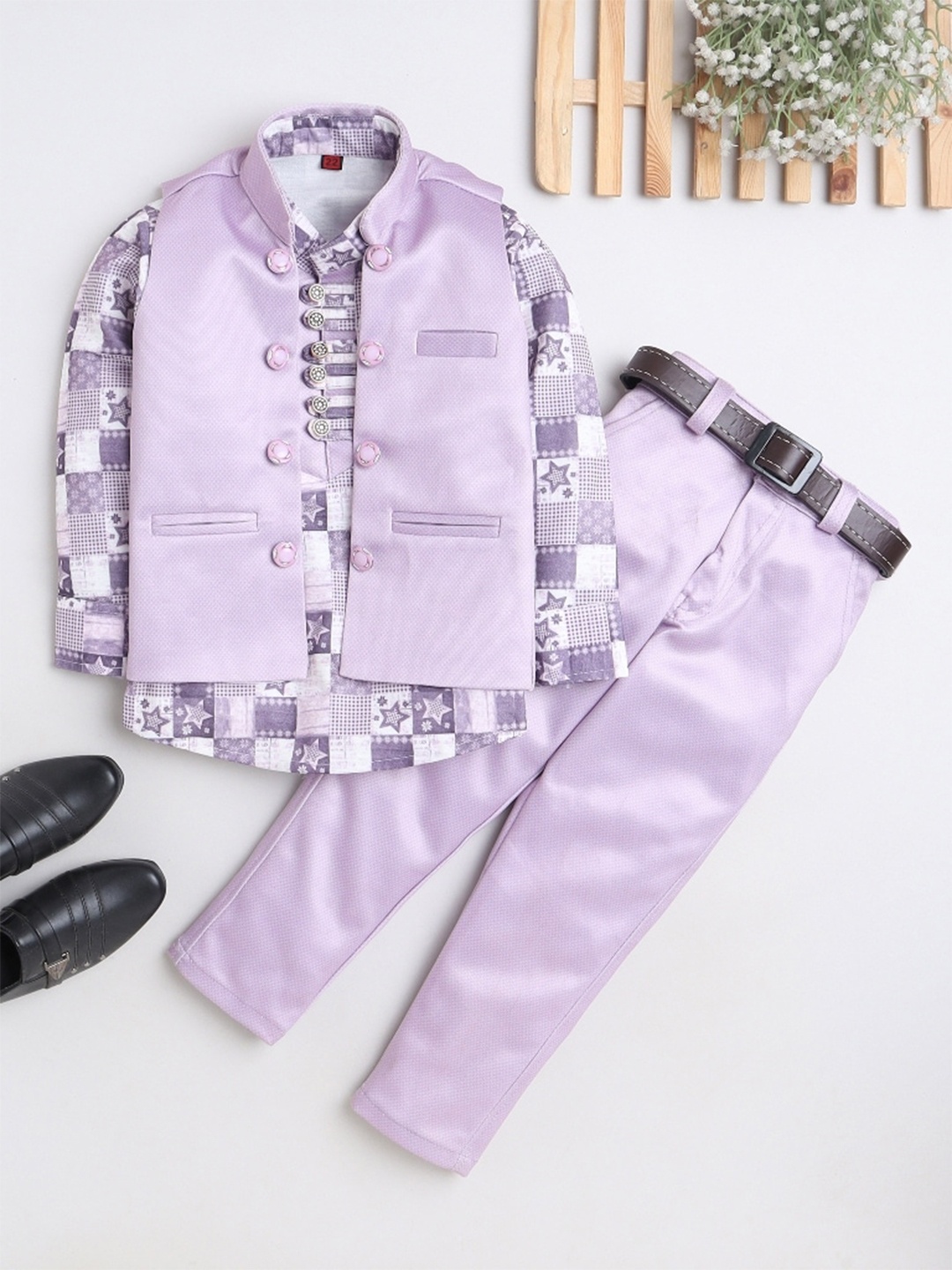 

BAESD Boys Printed Shirt & Trouser With Jacket, Purple