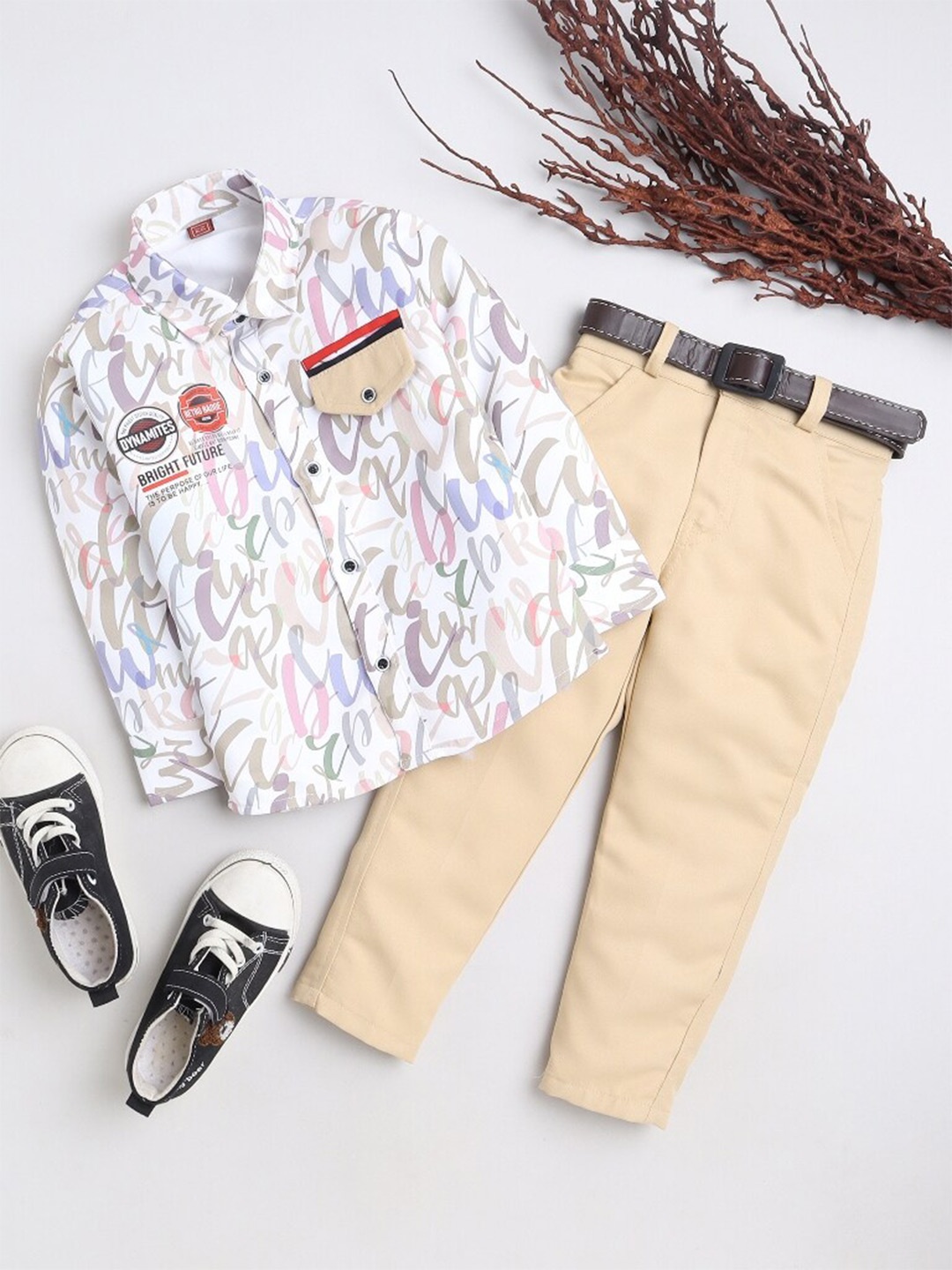 

FOURFOLDS Boys Printed Shirt & Trouser Clothing Set, Beige