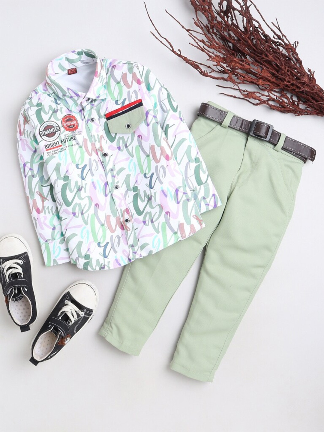 

FOURFOLDS Boys Abstract Printed Shirt with Trousers, Green