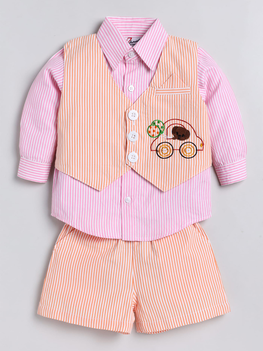 

M'andy Boys Striped Pure Cotton Shirt With Shorts & Waistcoat, Peach