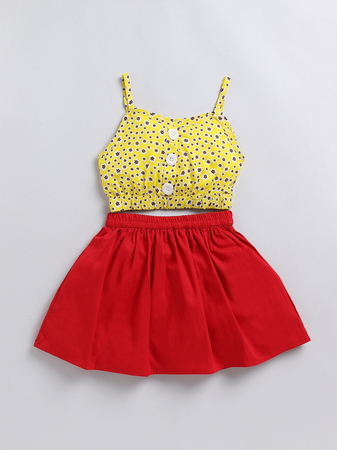 

M'andy Girls Printed Pure Cotton Top With Skirt, Yellow