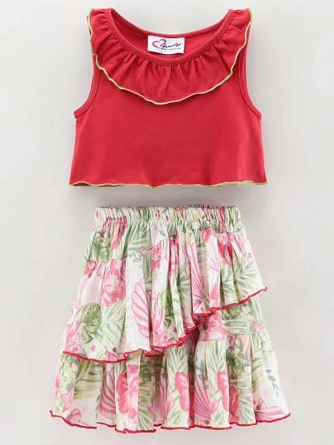 

M'andy Girls Printed Pure Cotton Top with Skirt, Red