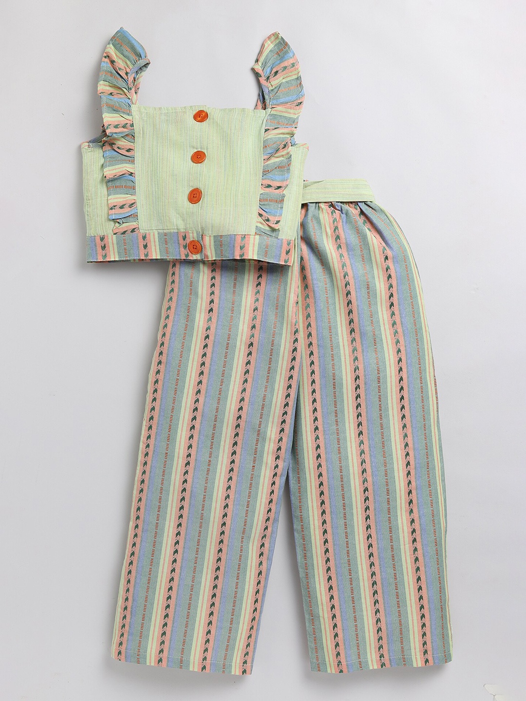 

M'andy Girls Striped Pure Cotton Top With Pyjamas, Green