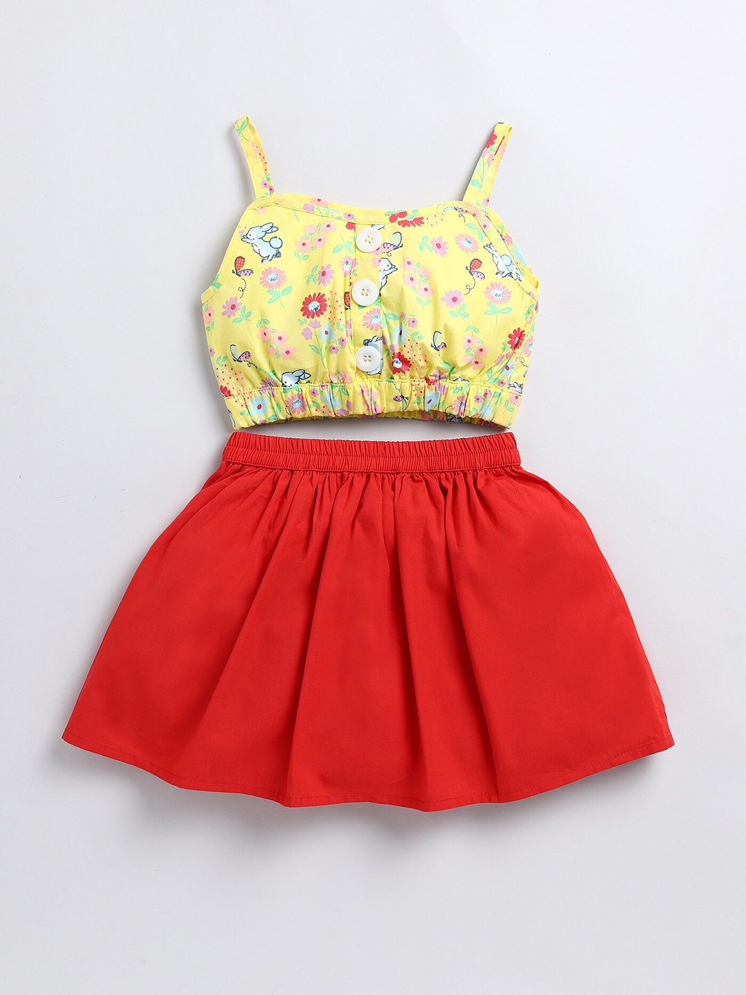 

M'andy Girls Printed Pure Cotton Top with Skirt, Yellow
