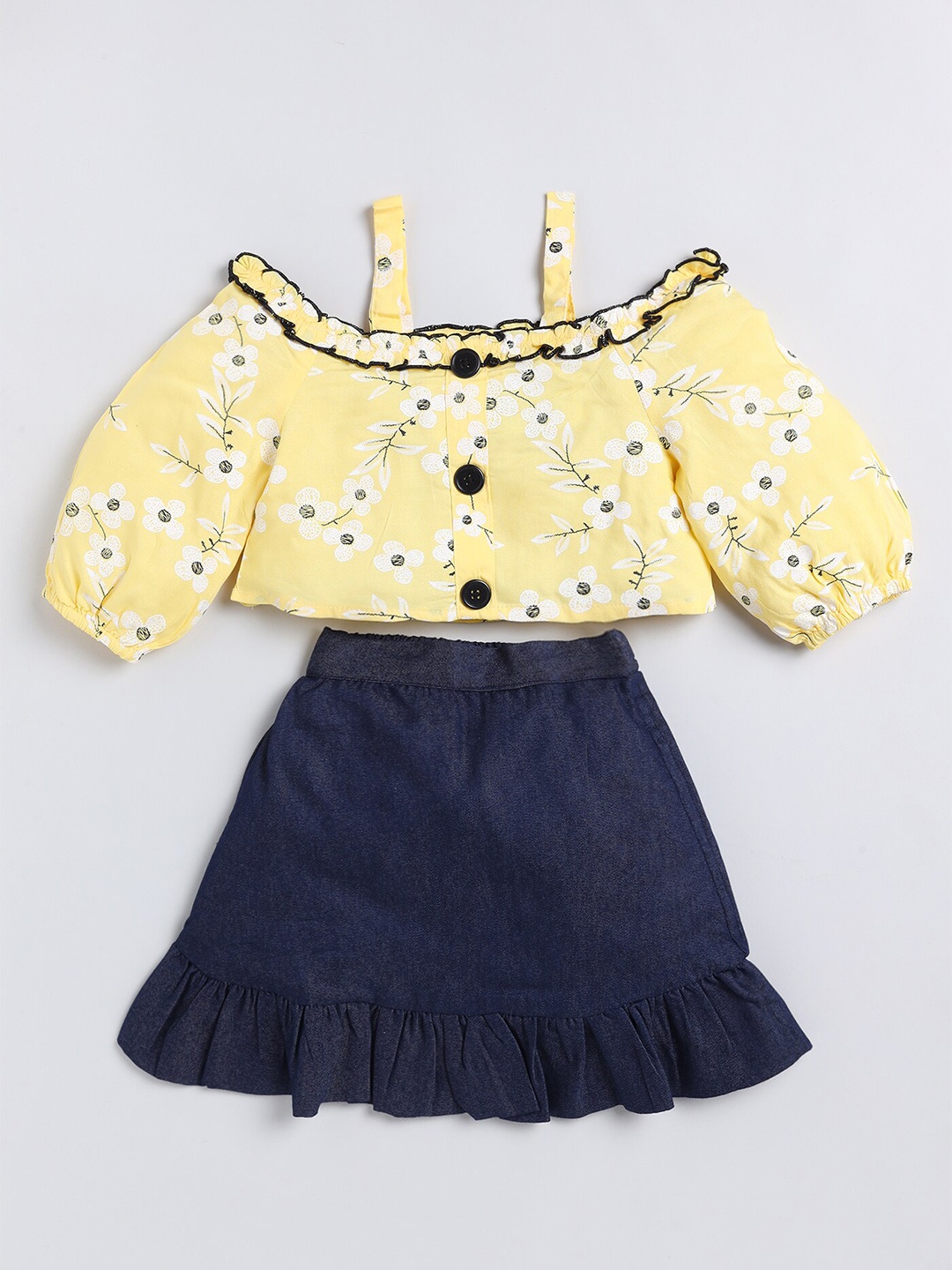 

M'andy Girls Printed Pure Cotton Top with Skirt, Yellow