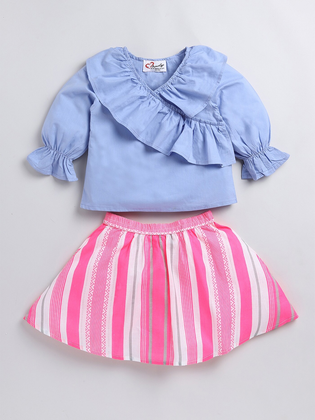 

M'andy Girls Ruffles Pure Cotton Top with Skirt, Blue