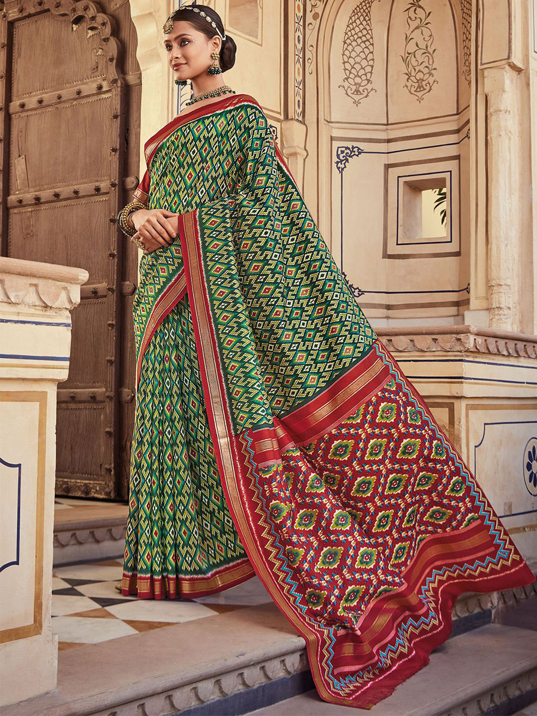 

Mitera Green & Red Geometric Printed Saree