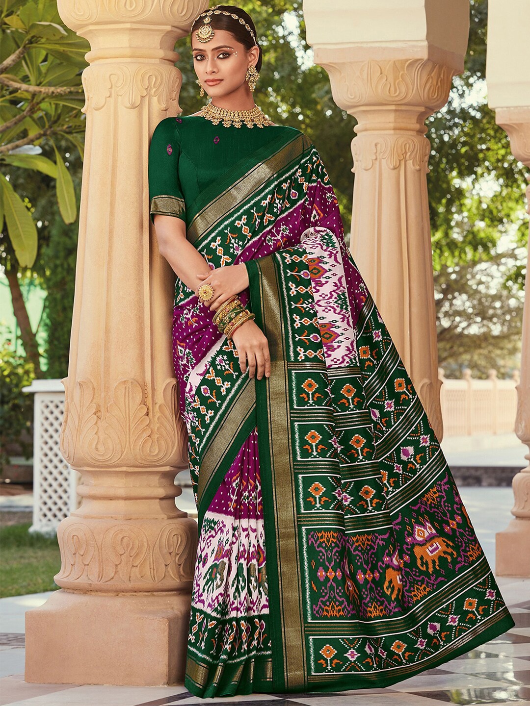 

Mitera Purple & Gold-Toned Ethnic Motifs Printed Zari Saree