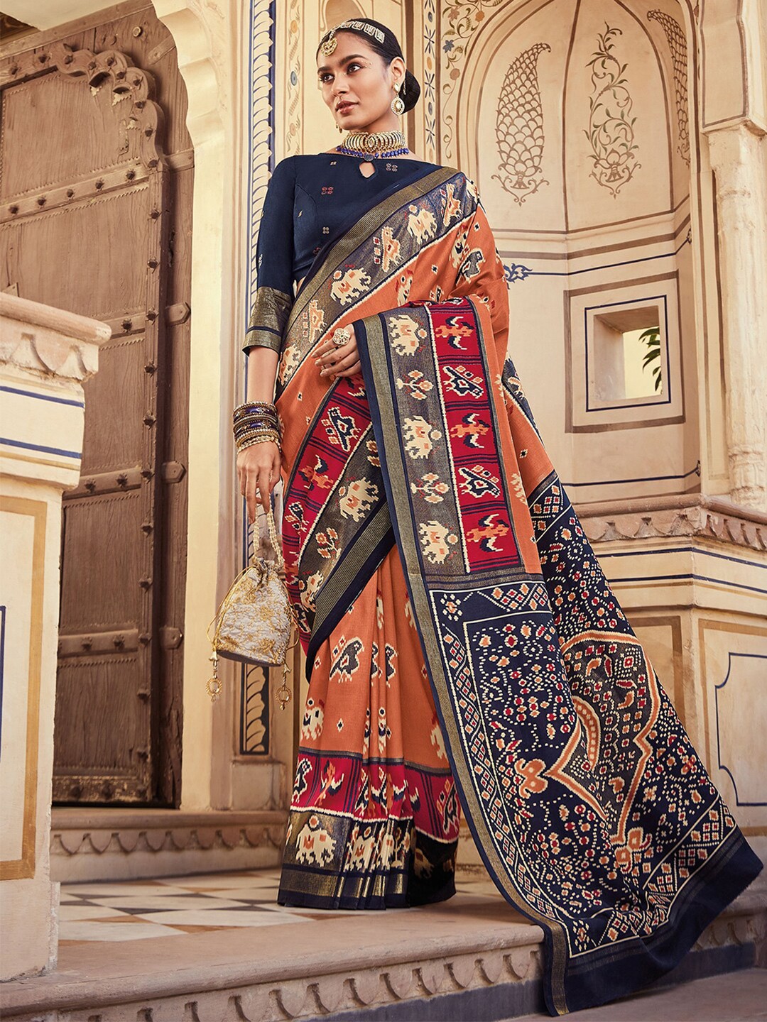 

Mitera Ethnic Motifs Printed Zari Silk Blend Saree, Peach