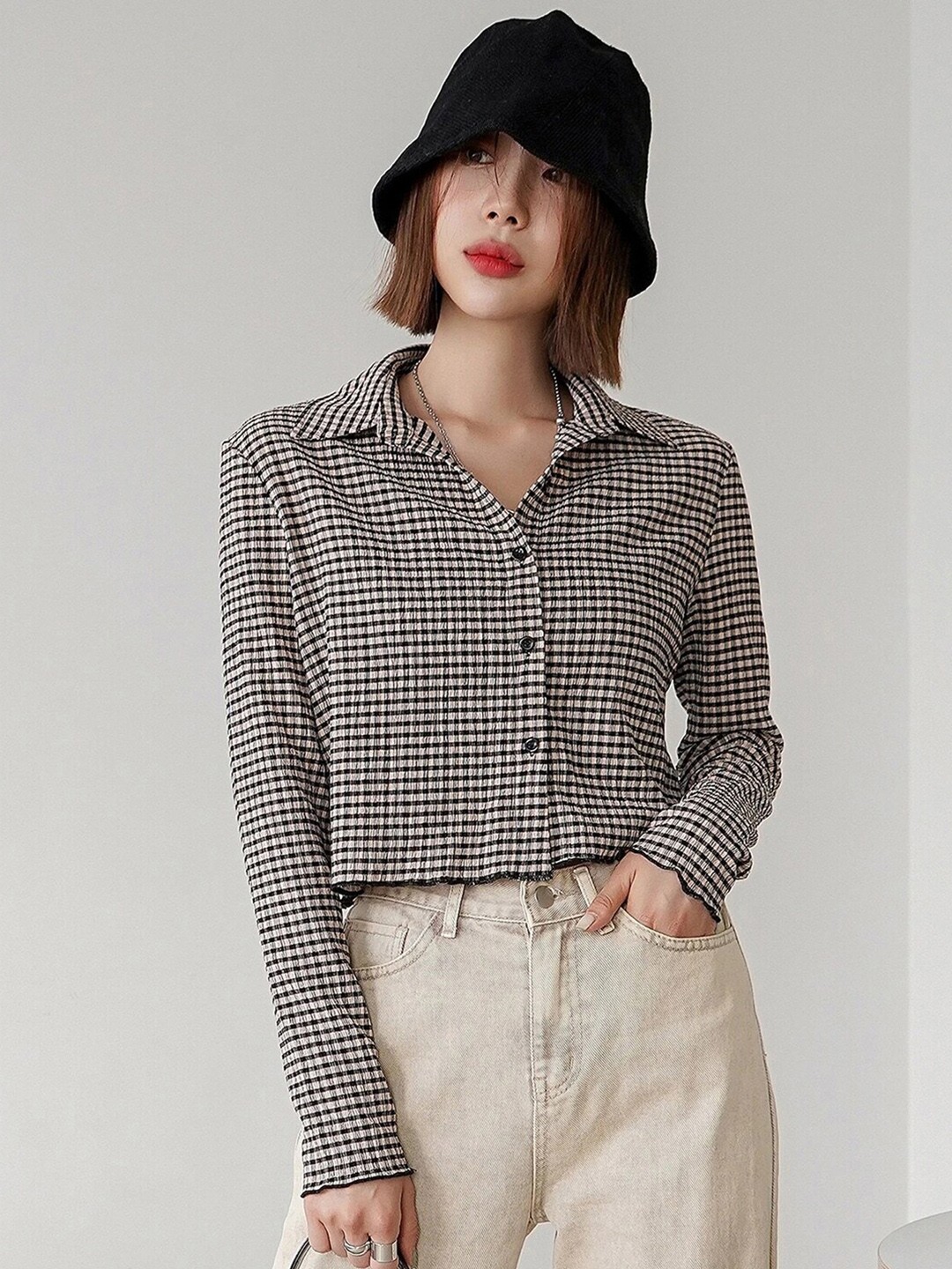 

Selvia Micro Checked Crop Casual Shirt, Black
