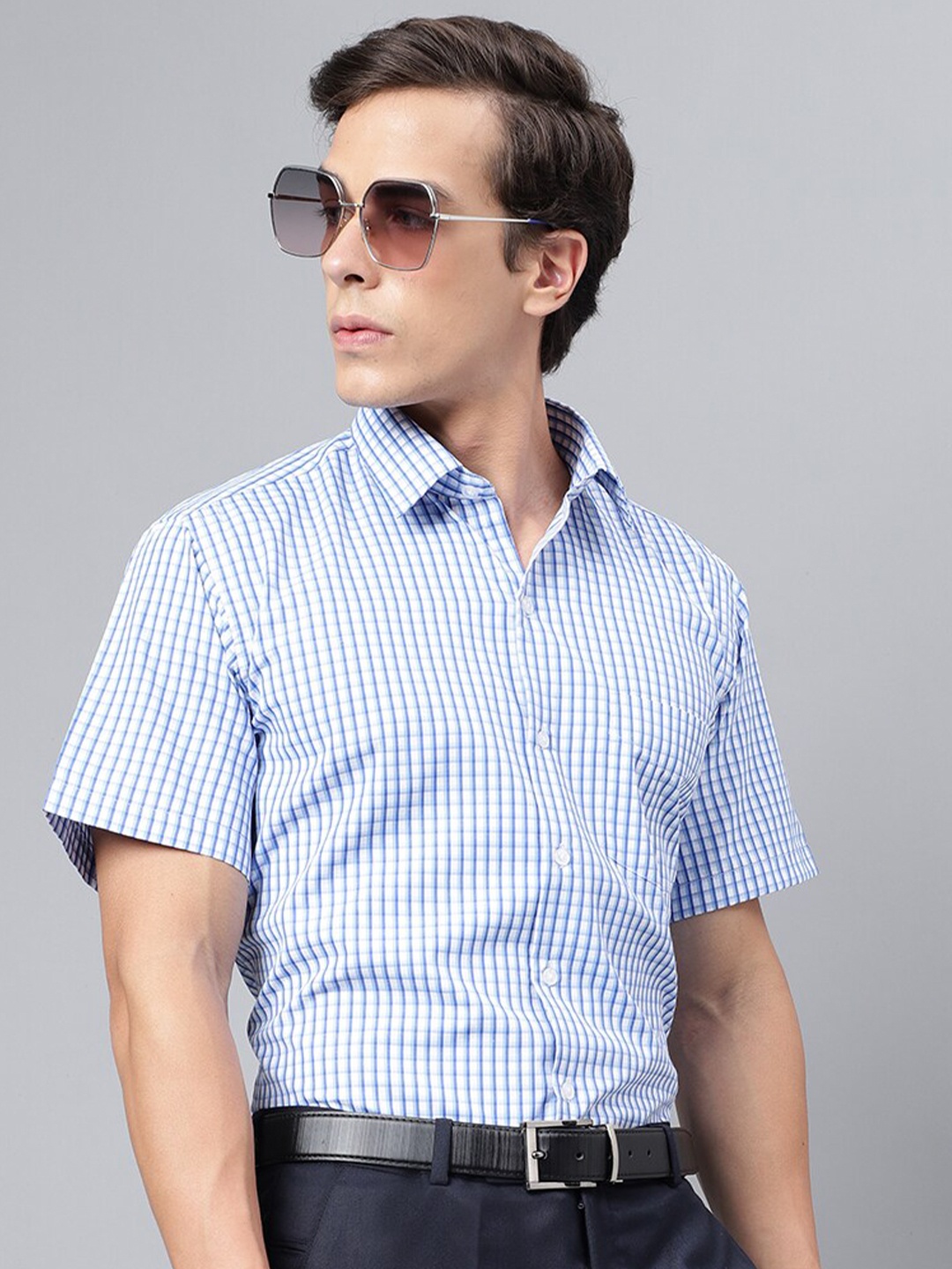 

English Navy Relaxed Slim Fit Gingham Checked Formal Shirt, Blue