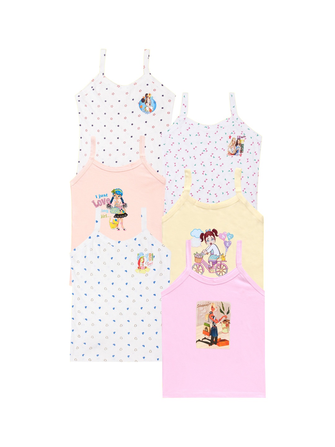 

CAREPLUS Girls Pack Of 6 Assorted Printed Pure Cotton Camisoles