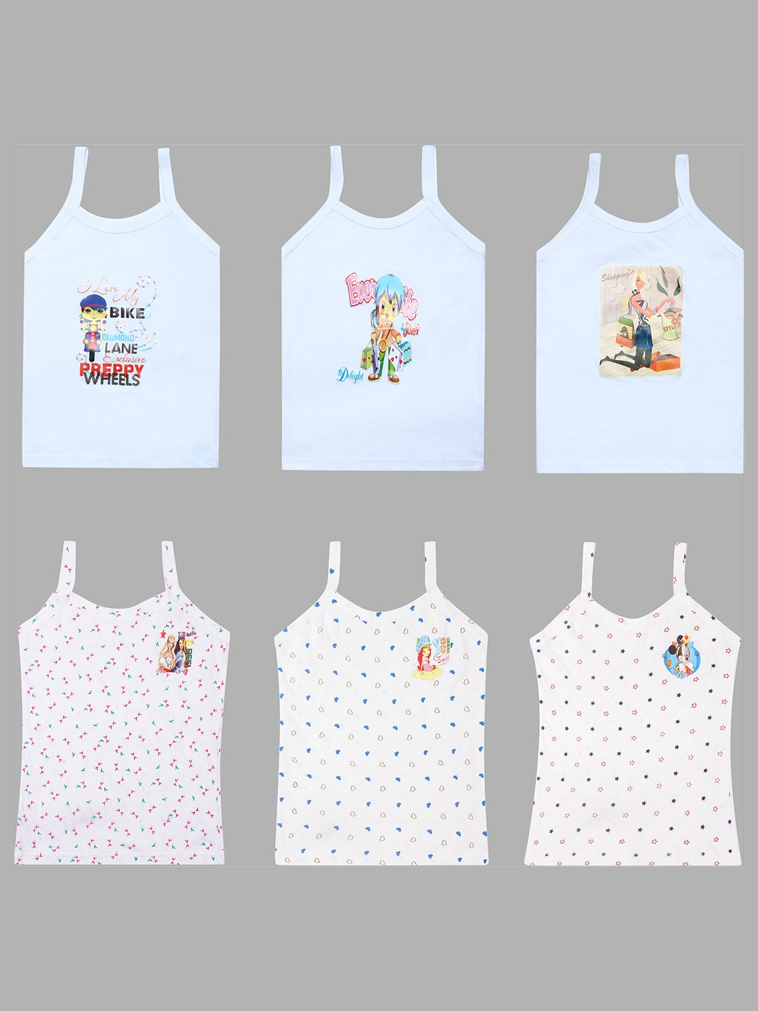 

CAREPLUS Infant Girls Pack of 6 Printed Non Padded Pure Cotton Camisoles, White