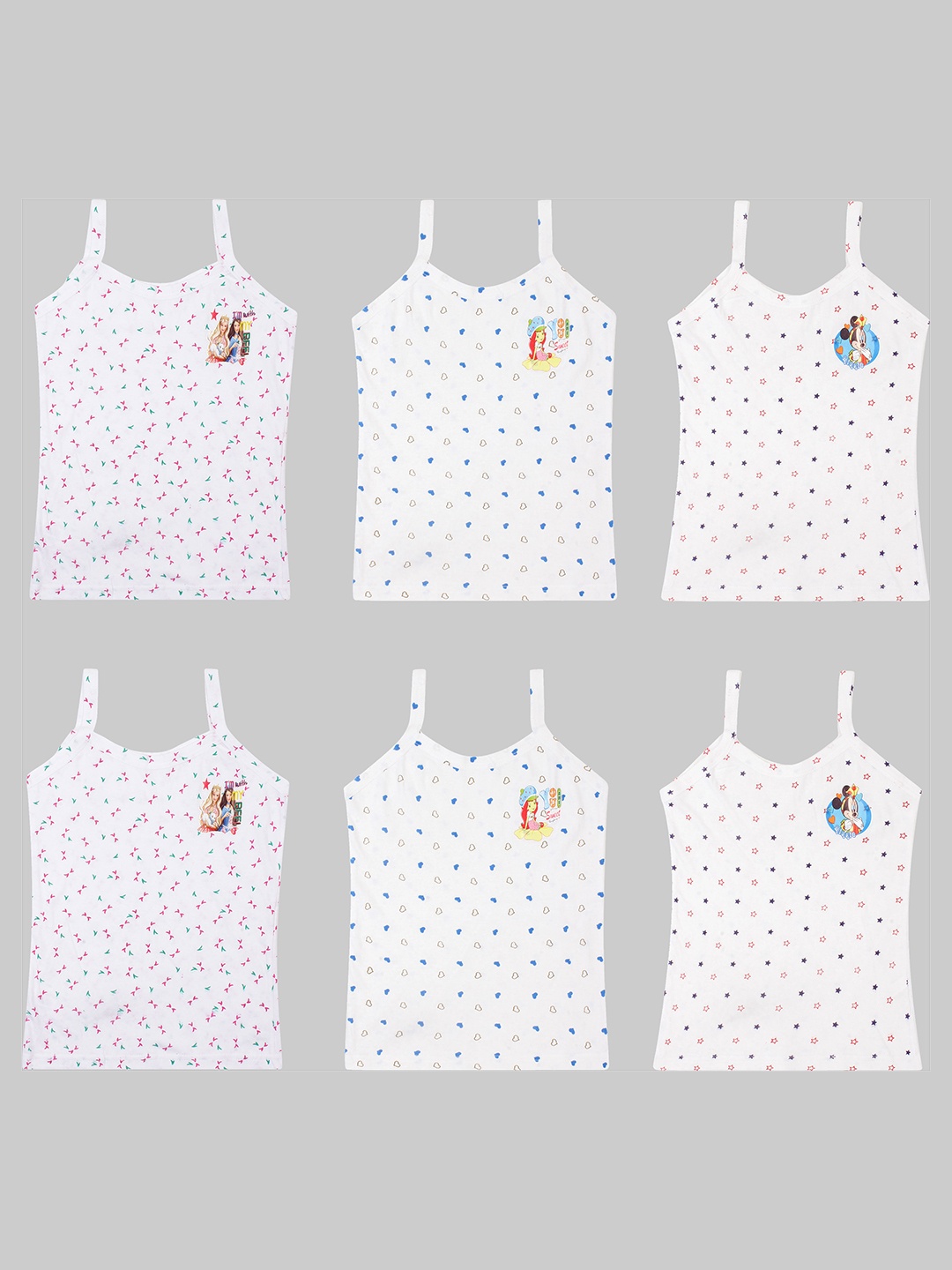 

CAREPLUS Girls Pack Of 6 Printed Pure Cotton Camisoles, White