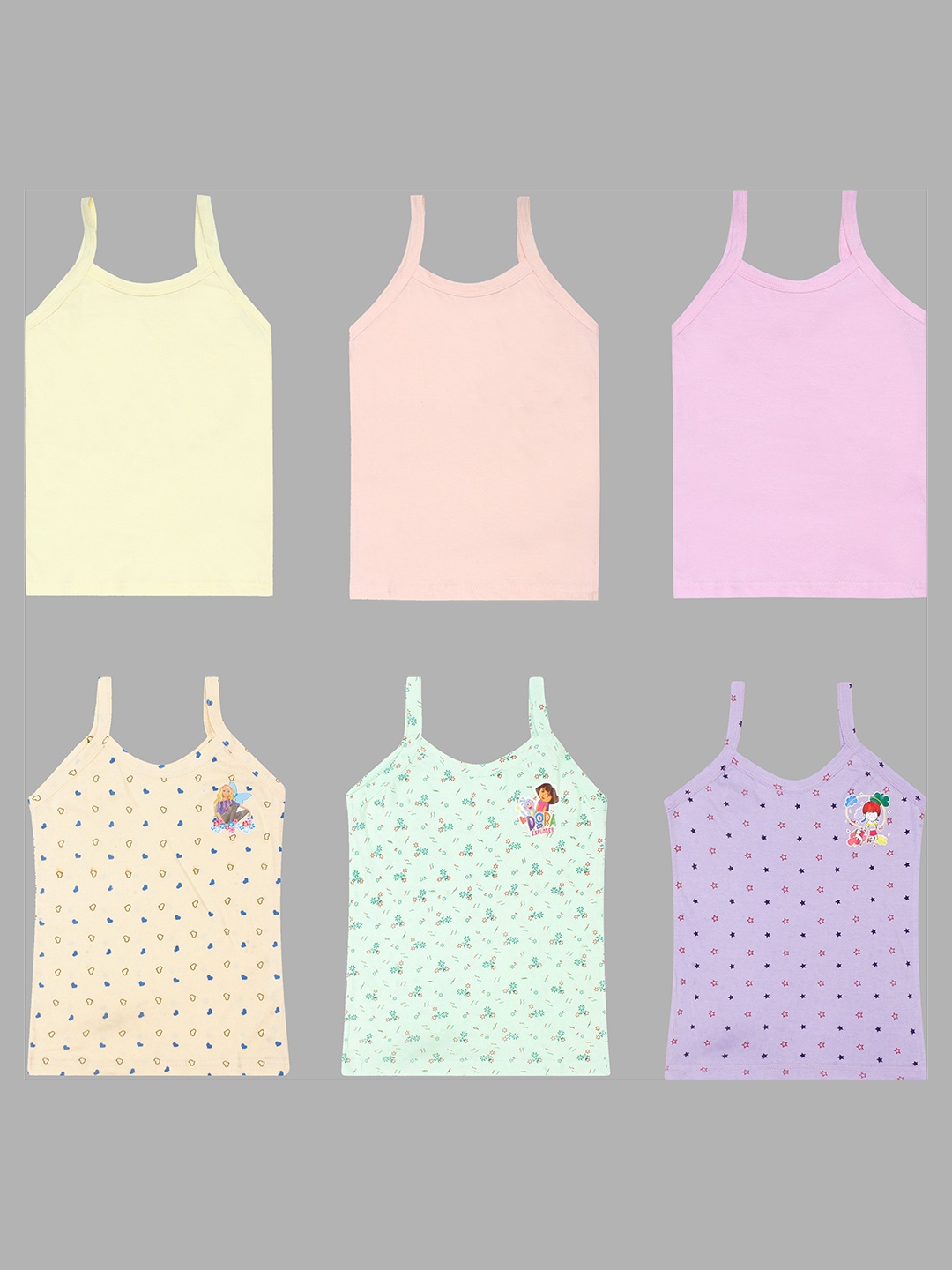 

CAREPLUS Girls Pack Of 6 Printed Pure Cotton Camisoles, Beige