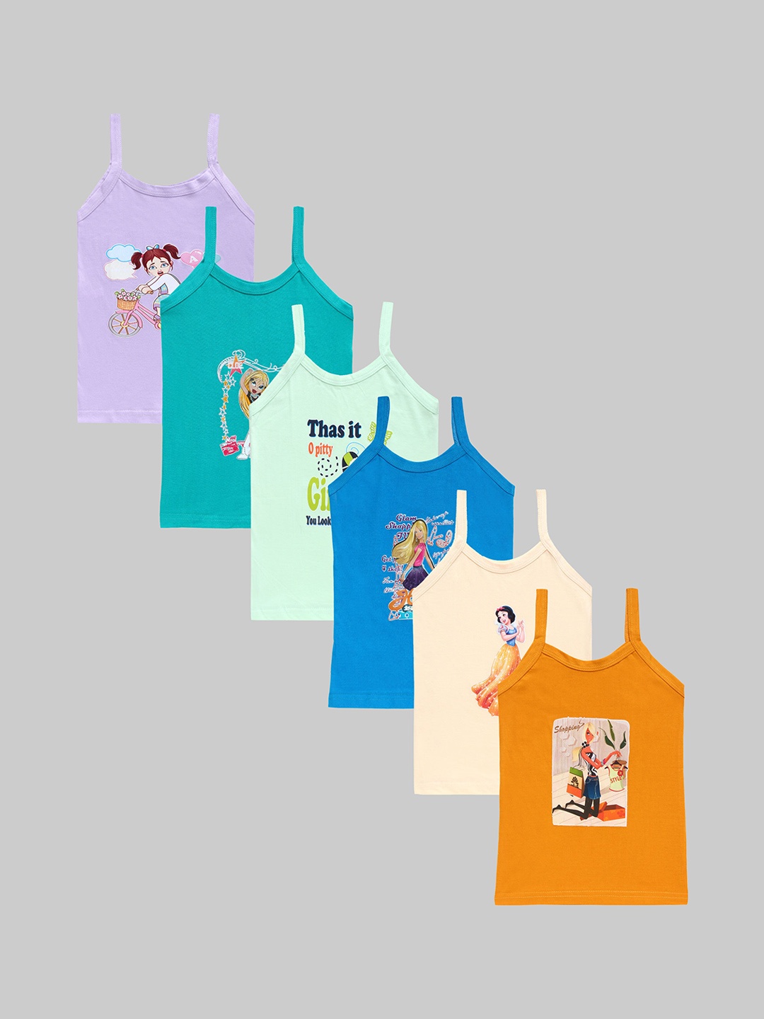 

CAREPLUS Girls Pack Of 6 Printed Pure Cotton Camisoles, Blue