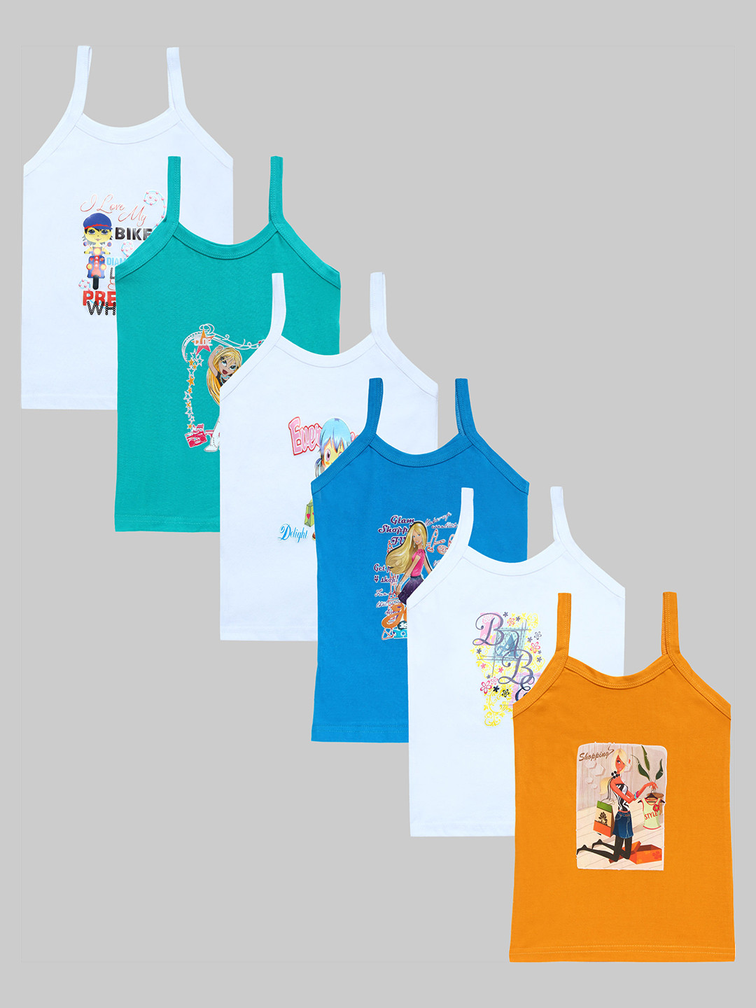 

CAREPLUS Girls Pack Of 6 Printed Pure Cotton Camisoles, Turquoise blue