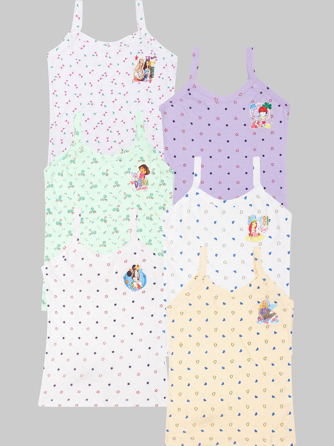 

CAREPLUS Girls Pack Of 6 Assorted Cartoon Characters Printed Pure Cotton Camisoles