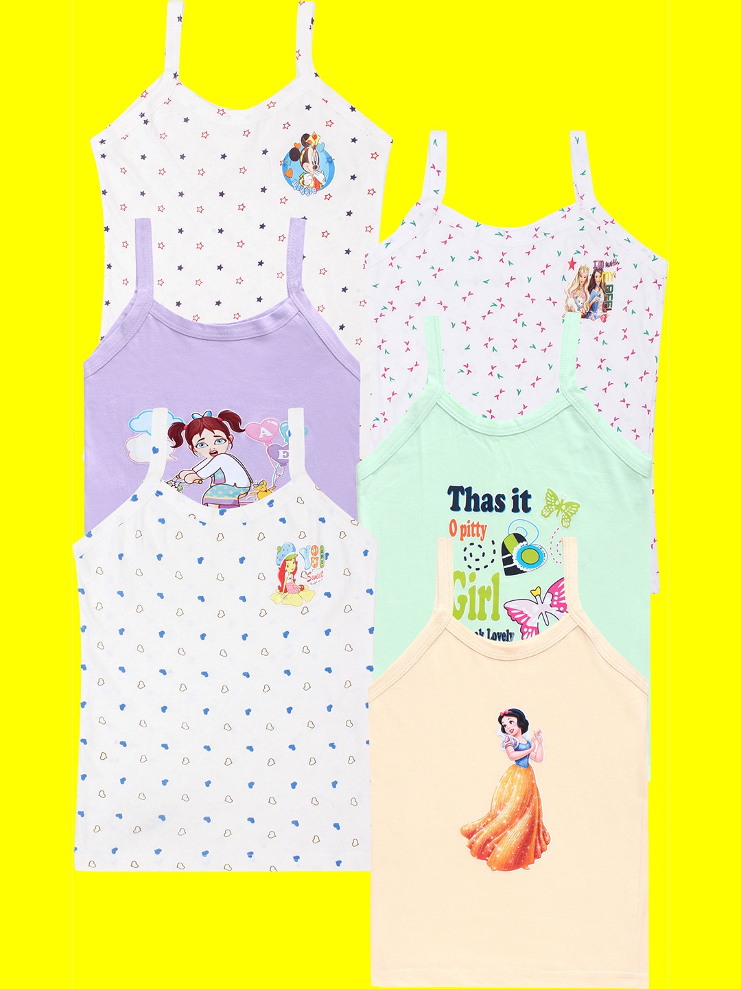 

CAREPLUS Girls Pack Of 6 Assorted Cartoon Characters Printed Pure Cotton Camisoles