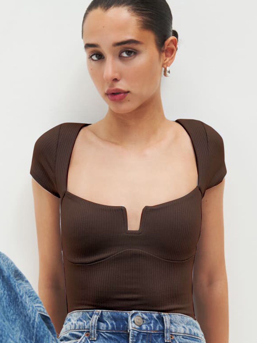 

MYWISHBAG Square Neck Ribbed Top, Brown