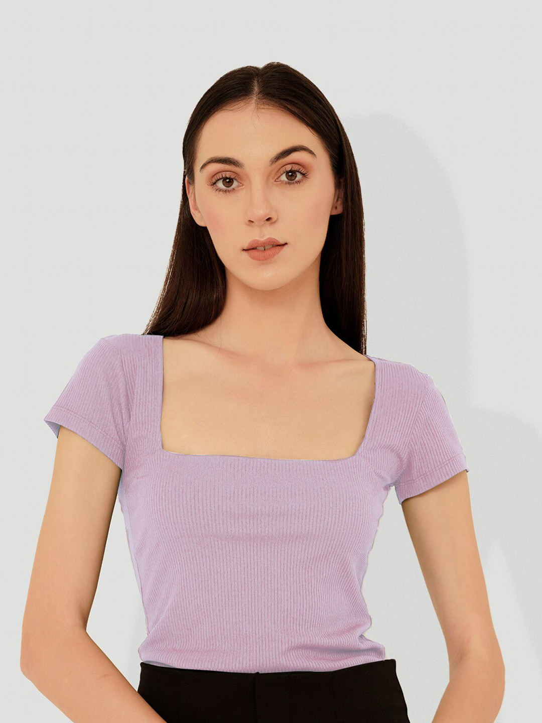 

MYWISHBAG Ribbed Square Neck Fitted Top, Lavender