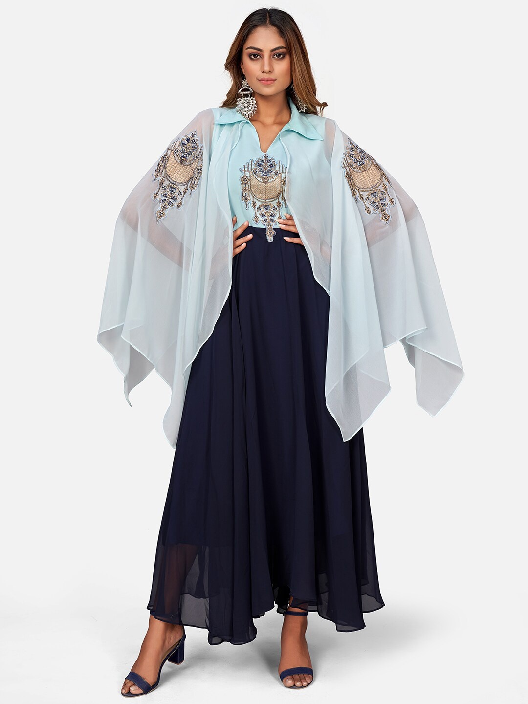 

LABEL D11 Embroidered Flared Sleeve Maxi Dress, Navy blue