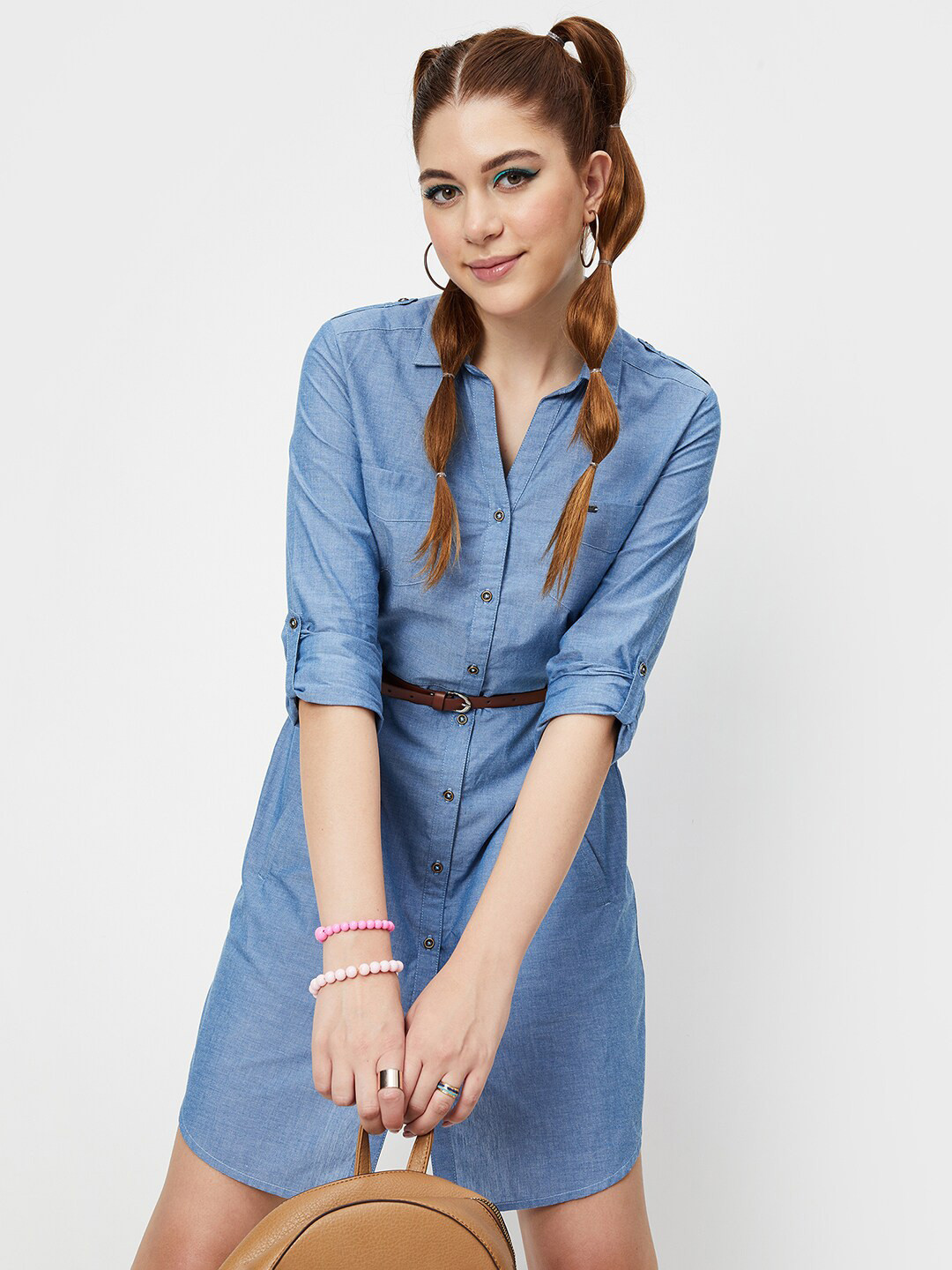 

max Shirt Collar Roll-Up Sleeves Cotton Shirt Style Dress, Blue