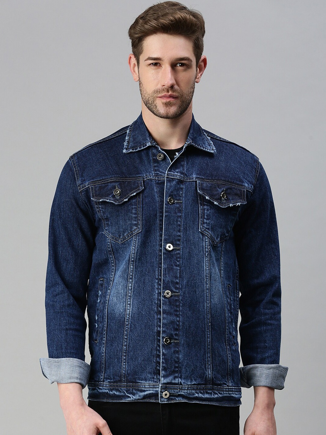 

SHOWOFF Washed Spread Collar Windcheater Denim Jacket, Navy blue